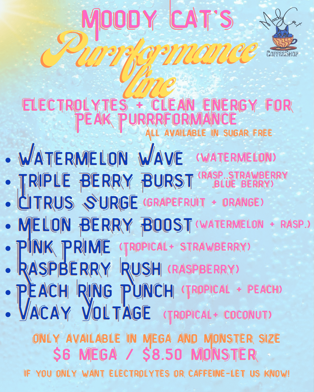 Moody Cat's Purrformance Peak electrolytes and energy menu